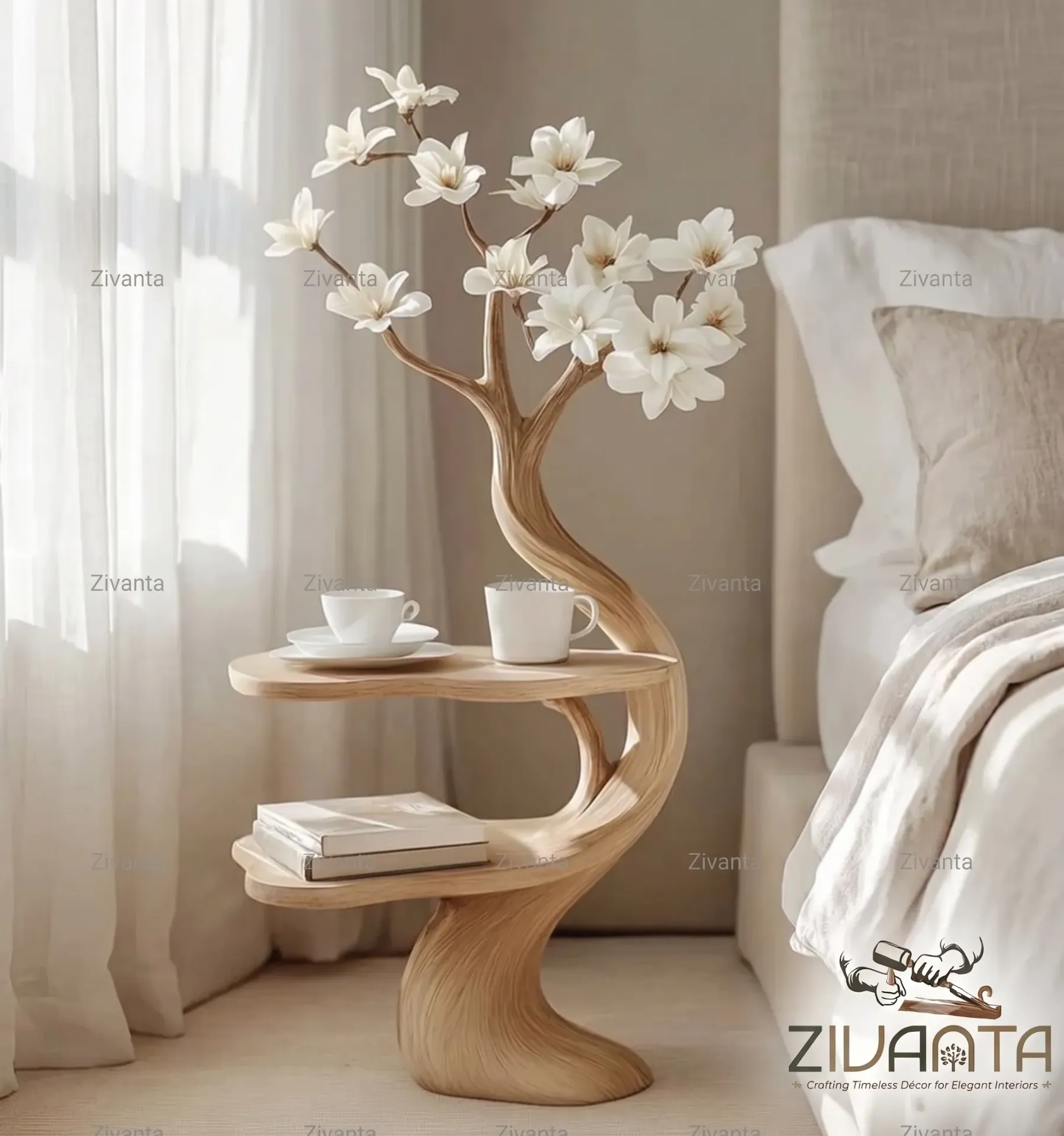 Wooden Floral Tree Side Table